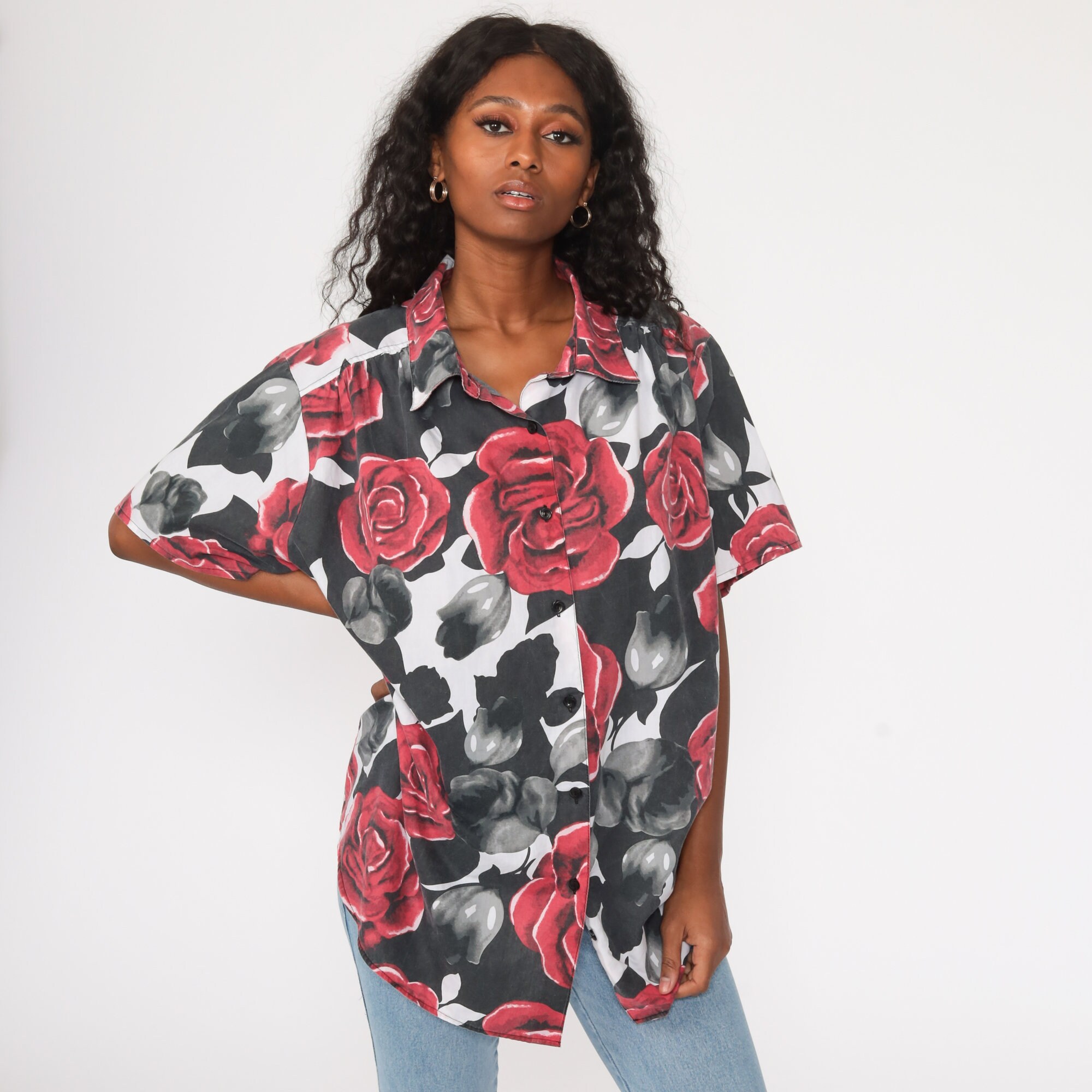 black button up with red roses black button up with red roses
