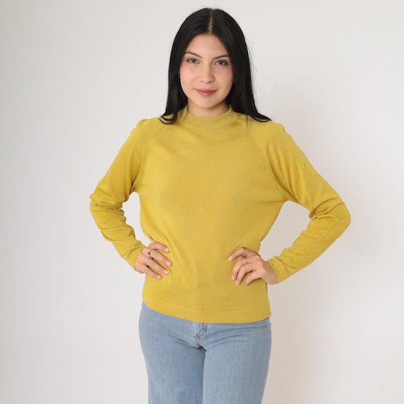 70s Chartreuse Sweater Nylon Knit Pullover Crewneck Sweater Retro Jumper Raglan Sleeve Plain Basic Simple Knitwear Vintage 1970s Medium