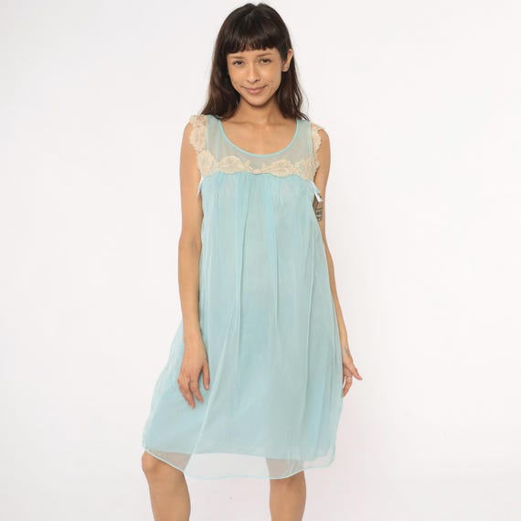 70s Babydoll Nightgown Aqua Blue Sheer Lace Trim Empire Waist Fairycore Coquette Negligee Romantic Sleepwear Vintage Tent Dress Medium M