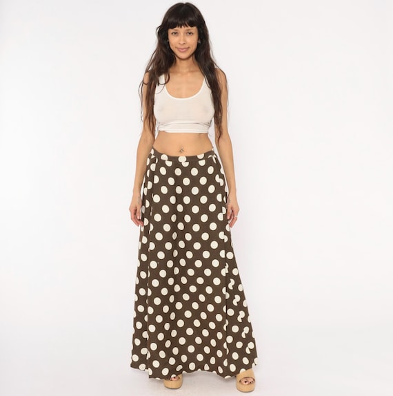 70s Polka Dot Maxi Skirt Brown White A Line Floor Length Cotton Gathered Waist Spotted Print Rockabilly Pin Up Vintage Womens Medium M