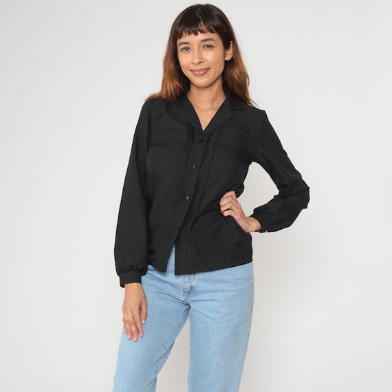 70s Black Blouse Long Sleeve Collared Top Notched Lapel Vintage Office Wear Professional Dark Academia Structured Work Shirt Medium M