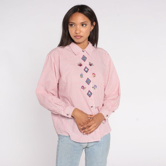 Striped Floral Blouse 90s Red Embroidered Top Button Up Shirt Long Sleeve Retro Blouse White Garden Vintage 1990s Large