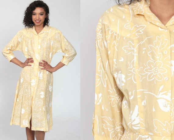 80s Floral Dress Yellow Midi Dress Dolman Sleeve … - image 1