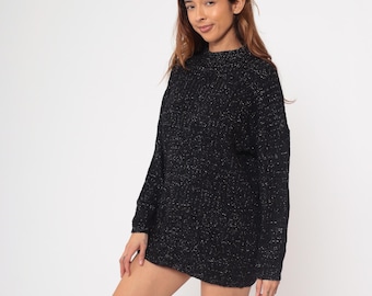 Sparkly Black Sweater Vintage 80s Metallic Lurex Knit Tunic Oversize Silver Speckled Pullover Jumper Long Slouchy Dark Sparkle Large L