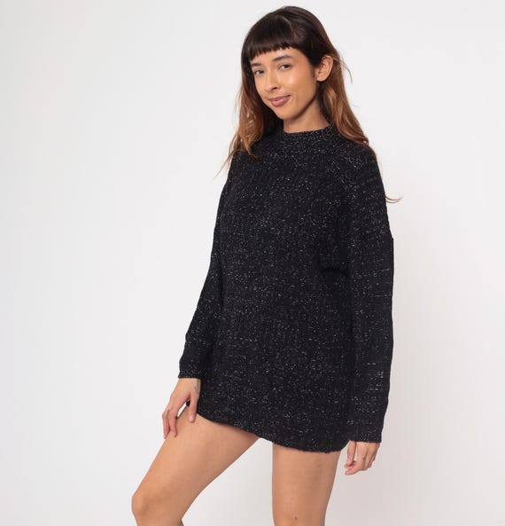 Sparkly Black Sweater Vintage 80s Metallic Lurex Knit Tunic Oversize Silver Speckled Pullover Jumper Long Slouchy Dark Sparkle Large L