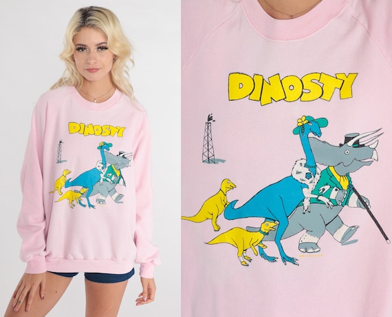 Dinosaur Sweatshirt 80s Baby Pink Pullover Crewneck Sweater Dinosty Dino Family Graphic Shirt Pun Raglan Sleeve Vintage 1980s Jerzees Large