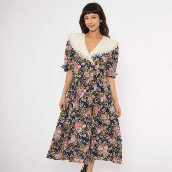 80s Floral Midi Dress Navy Rose Lace Collar Short Sleeve Garden Prairie Cottagecore Cream Collar Pink Green Women Vintage Extra Large XL