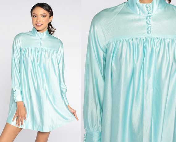 70s Mini Dress Silky Blue Tent Dress Mini Dress Boho Hippie Mock Neck Dress Trapeze Button Up 1970s Vintage Babydoll Minidress Medium
