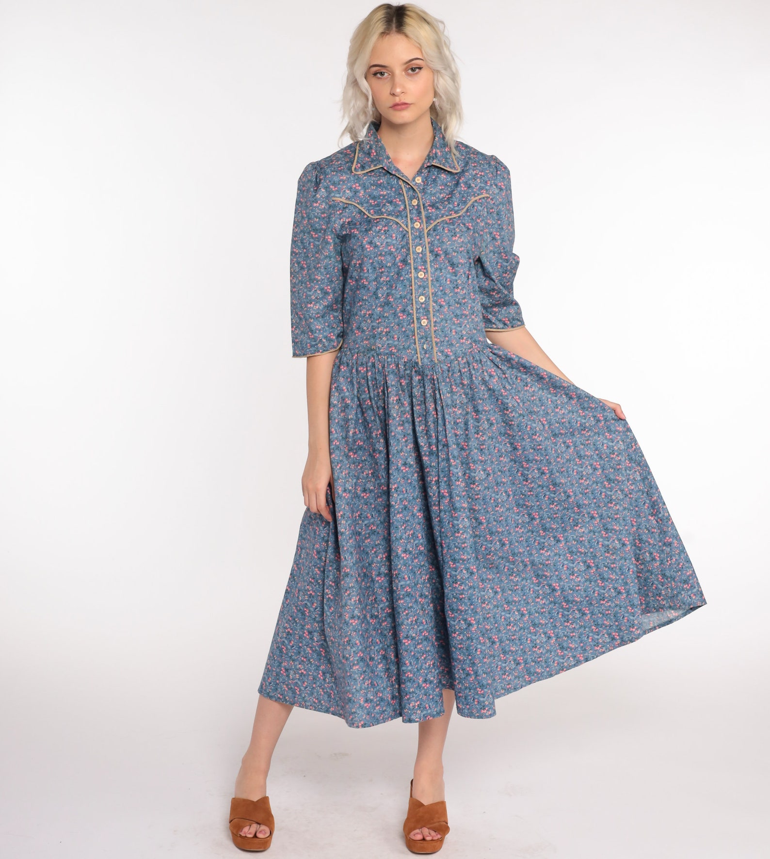 Blue Floral Dress Calico Cottagecore Dress 80s Granny Dress | Etsy