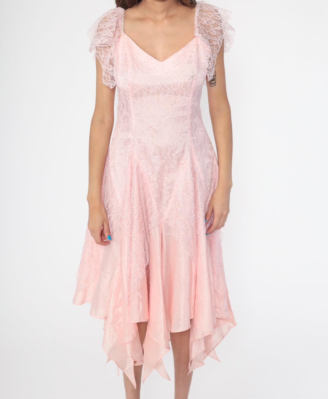 Pink Lace Dress 80s GLITTER Dress Party High Low Dress Flutter - Etsy