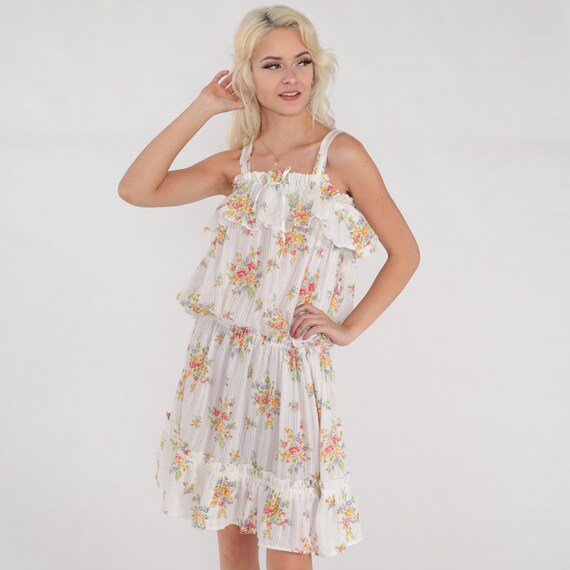 White Floral Dress 70s Mini Sundress Ruffle Blous… - image 3