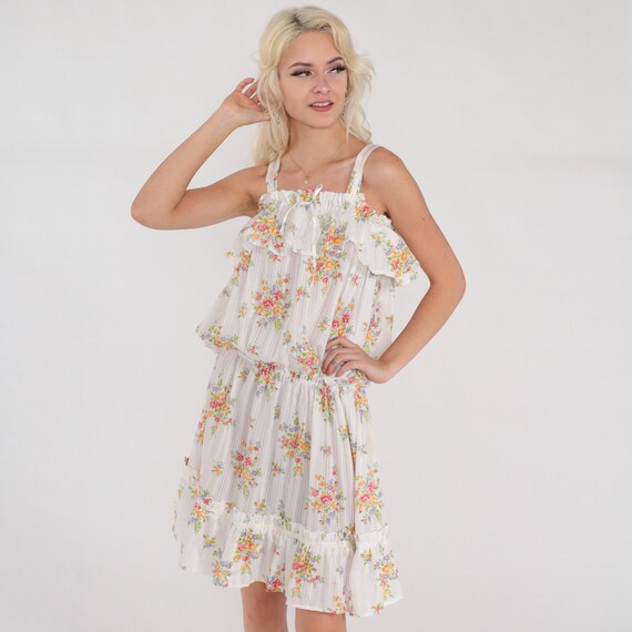 White Floral Dress 70s Mini Sundress Ruffle Blouson Flower Print High Waisted Day Summer Sun Hippie Sleeveless Vintage 1970s Extra Small xs