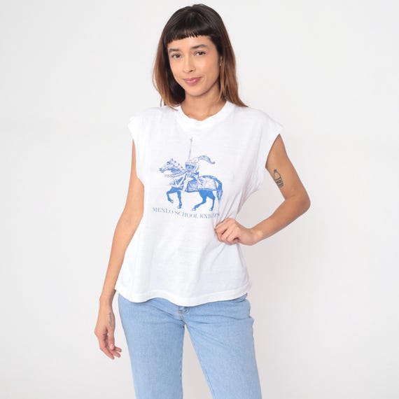Knight Muscle Tee 90s White Menlo School Graphic Tank Raw Hem Cotton Vintage Athletic Spirit Shirt Medieval Mascot Distressed Large L