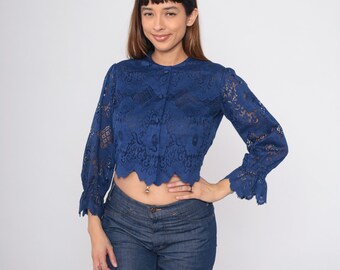 70er Jahre Spitzenbluse Dunkelblau Puffärmel Crop Top Button up Shirt Ausgebogene Cropped Sommer Bluse Romantische Vintage 1970er Jahre Small Medium