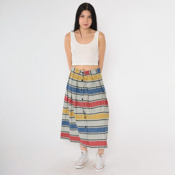 80s Striped Button Up Skirt Vintage Multicolor Midi Retro Secretary Skirt High Waisted Preppy Retro Red Blue Yellow White 1980s Small S