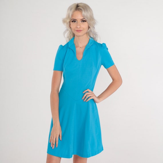 Blue Mini Dress 60s Mod Dress Puff Sleeve High Basque Waist V Neck Rounded Collar Retro Sixties Day Twiggy Flared A Line Vintage 1960s XS