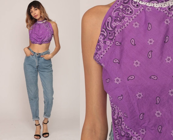 Scarf Top Vintage HANDKERCHIEF HEM Backless Shirt Bandana 90s Blouse Tank Boho Summer 1990s Hippie Bohemian Purple Festival Medium Large