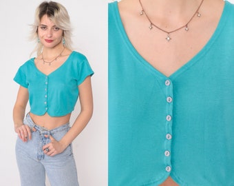 Turquoise Crop Top 90s Cropped Button Up Blouse Blue Retro Short Sleeve Basic Plain Normcore Summer Vintage 1990s Small Medium