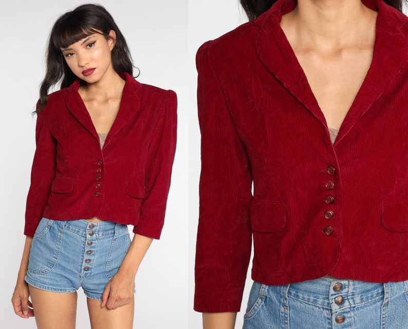 Corduroy Blazer Jacket 80s Blazer Jacket PUFF SLEEVE Jacket Cropped Jacket Burgundy Preppy 1980s Hipster Vintage Boho Extra Small xs image 1