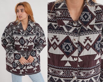Southwestern Tapestry Jacket 90s Hippie Southwest Boho Aztec Jacket Vintage 1990s Brown White Navy Blue Bohemian Button Up 2xl 2x xxl