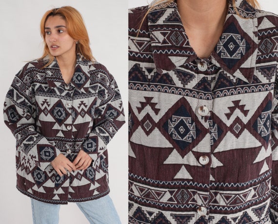 Southwestern Tapestry Jacket 90s Hippie Southwest Boho Aztec Jacket Vintage 1990s Brown White Navy Blue Bohemian Button Up 2xl 2x xxl