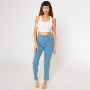 Vintage Jordache Jeans 90s Slim Mom Jeans High Waisted Rise Tapered Denim Pants Blue Retro Streetwear 1990s Smooth Pocketless Back Small 27