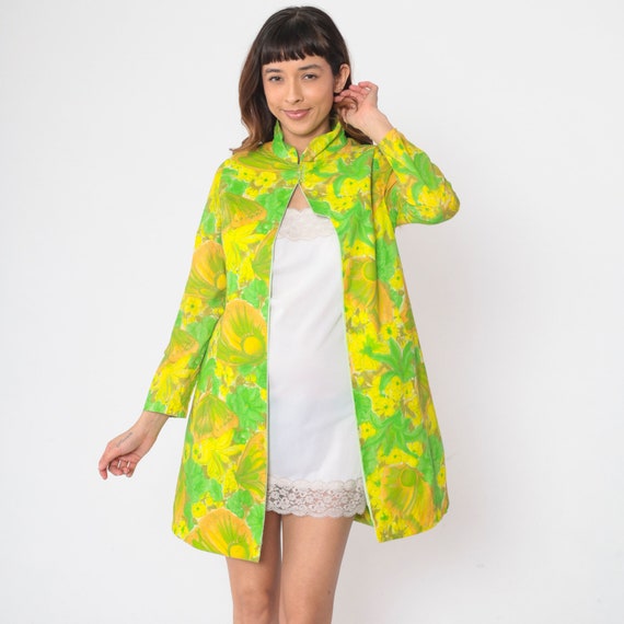 Vintage 70s Floral Jacket Open Front Butterfly Print Green Yellow Groovy Flower Print Boho Long Sleeve Cotton Psychedelic Mod 1970s Small S