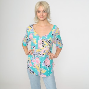 90s Floral Blouse Abstract Surfer Blouse Short Sleeve Shirt Pastel Button Up Top Summer Scoop Neck Vintage Collared Medium Large 10/12