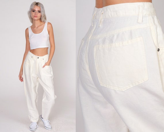 Cream Pleated Pants 80s Trousers Linen Blend High Waisted Rise