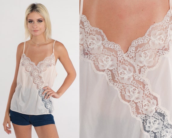 Floral Lace Camisole 70s Lingerie Tank Top Semi-sheer White Retro Cami Top  Sheer Cutout Spaghetti Strap Pinup Sleep Vintage 1970s Medium M 