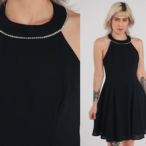 Black Skater Dress 90s Party Dress Rhinestone Crystal Sleeveless Mini High Halter Neck Open Back Cocktail Minidress Vintage 1990s Small S