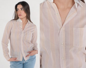 Striped Shirt 80s Button Up Shirt Semi-Sheer Tan Pink Long Sleeve Chest Pocket Collared Preppy Retro Vintage 1980s Extra Small xs