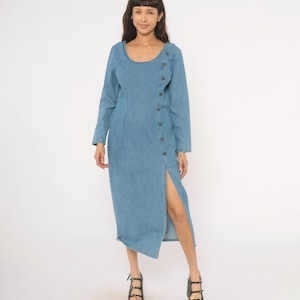 90-tals jeansklänning långärmad bomullsjeans maxiklänning blå åtsittande midja vintage switch USA Chambray Americana sommar vår dam medium M