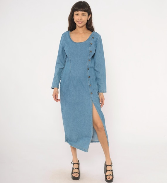 90s Denim Dress Long Sleeve Cotton Jean Column Maxi Blue Fitted Waist Vintage Switch USA Chambray Americana Summer Spring Women's Medium M