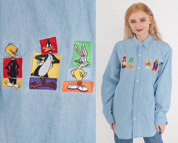 Looney Tunes Shirt 90s Denim Button up Shirt Bugs Bunny Warner Bros Cartoon Jean Top Retro Long Sleeve Cotton Vintage 1990s Unisex Medium M