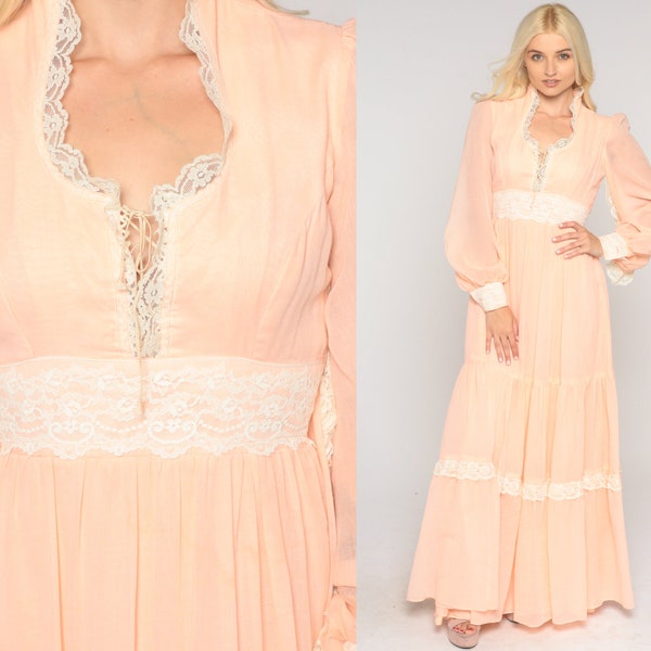 Long Prairie Dress 70s Maxi Peach LACE Up Tiered Boho Puff Sleeve Cottagecore 1970s Bohemian Corset Dress Empire Vintage Hippie Small 4