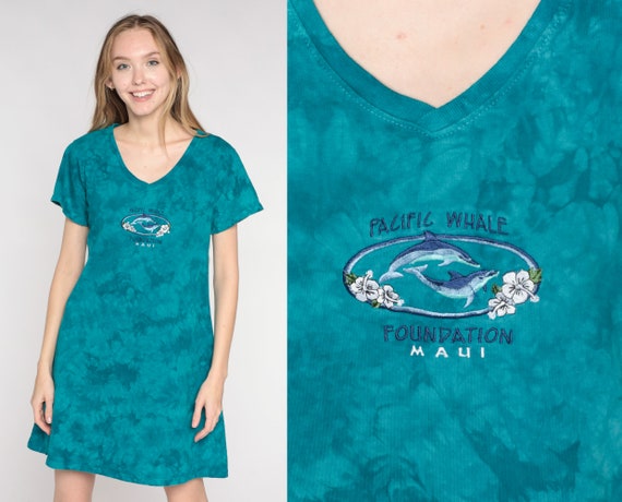 Tie Dye Tshirt Dress Y2K Pacific Whale Foundation Maui Mini Beach Blue Dolphin Graphic Vacation T Shirt Cover Up Vintage 00s Medium Large