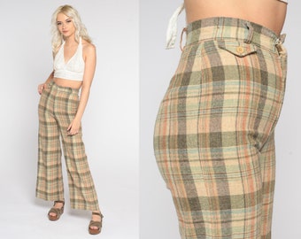 70s Plaid Trousers Retro Wide Leg Pants Hippie Bell Bottom Wool Blend High Waisted Flared Boho Tan Checkered Vintage 1970s Extra Small xs