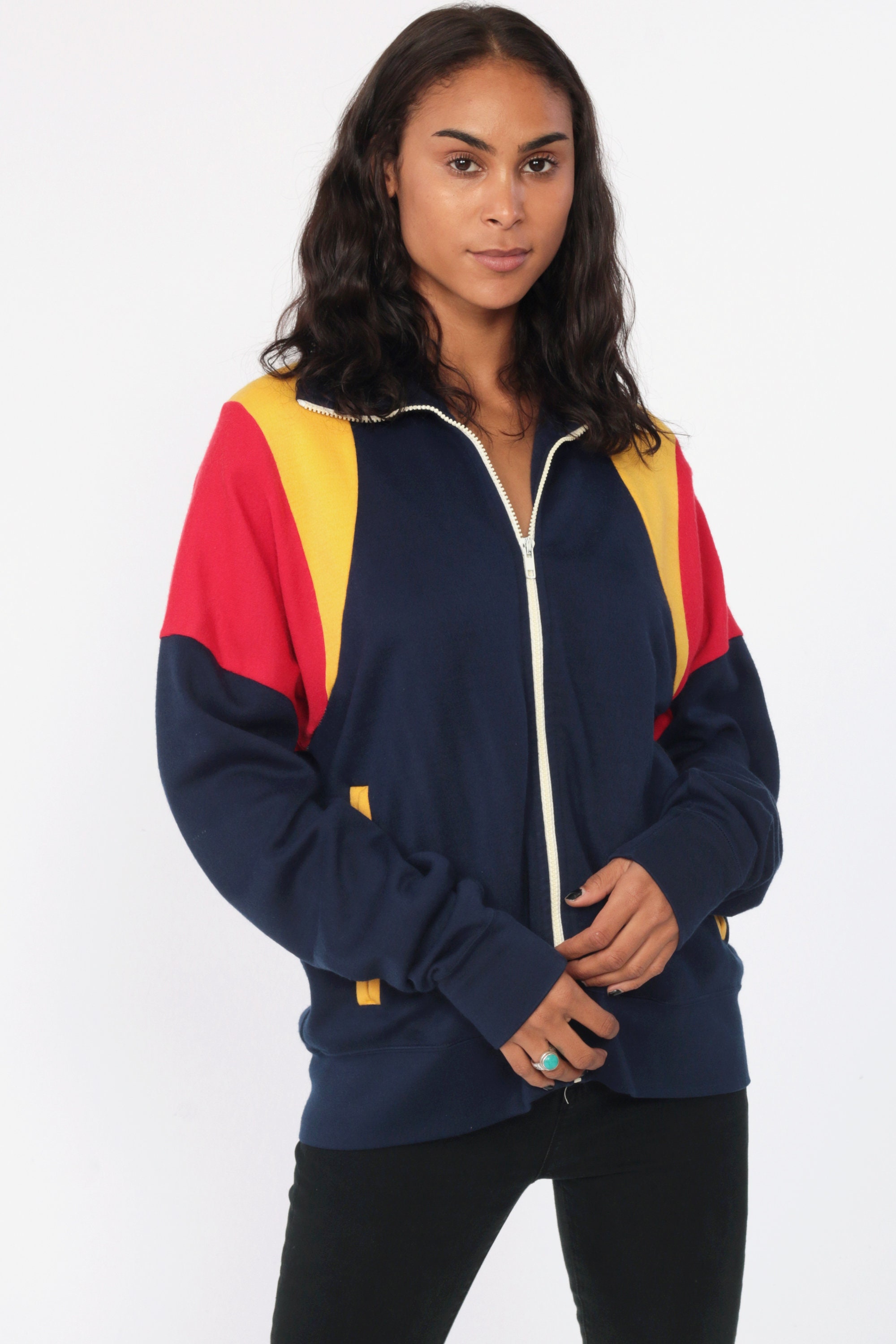 80s Track Jacket Zip Up Sweatshirt 70s Navy Blue Zip Up Striped Jacket ...