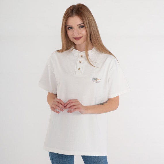 Alaska T-Shirt 90s Henley T Shirt Embroidered Whale Tail Graphic Tee Button up AK Tourist Travel TShirt Retro White Vintage 1990s Large L