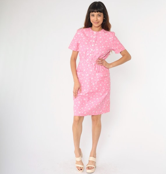 Vintage Pink Floral Heart Print Dress 80s Shirtdress Button Up Dress Pockets Short Sleeve 1980s Elastic Waist Cottagecore Style Small S