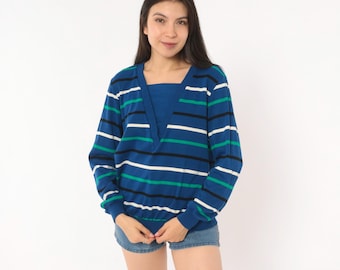 80s Striped V Neck Sweater Cobalt Blue Green Black White Cotton Pullover Alfred Dunner Collegiate Knit Top Preppy Blouse Vintage Small S