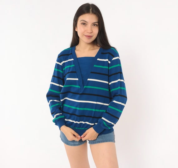 80s Striped V Neck Sweater Cobalt Blue Green Black White Cotton Pullover Alfred Dunner Collegiate Knit Top Preppy Blouse Vintage Small S