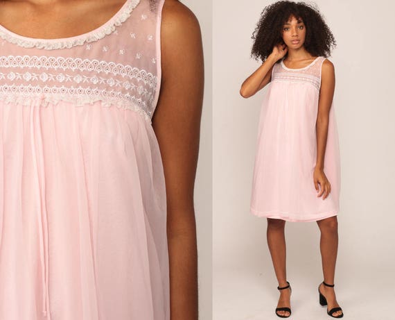 Pastel Nightgown Lingerie Babydoll Dress 70s Slip Dress Nylon Mini 80s Nightie Boho Lace Bow Vintage Tent Bohemian Small Medium Large