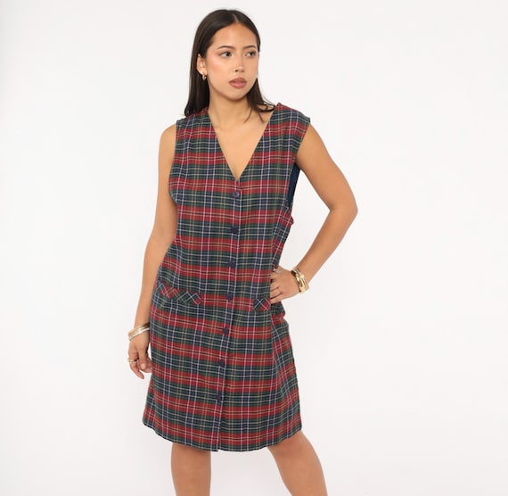 90s Plaid Jumper Dress Sleeveless V Neck Tartan Shift Navy Red Green Check Waist Pockets Winter Preppy Academic Vintage Baxter Wells Large L