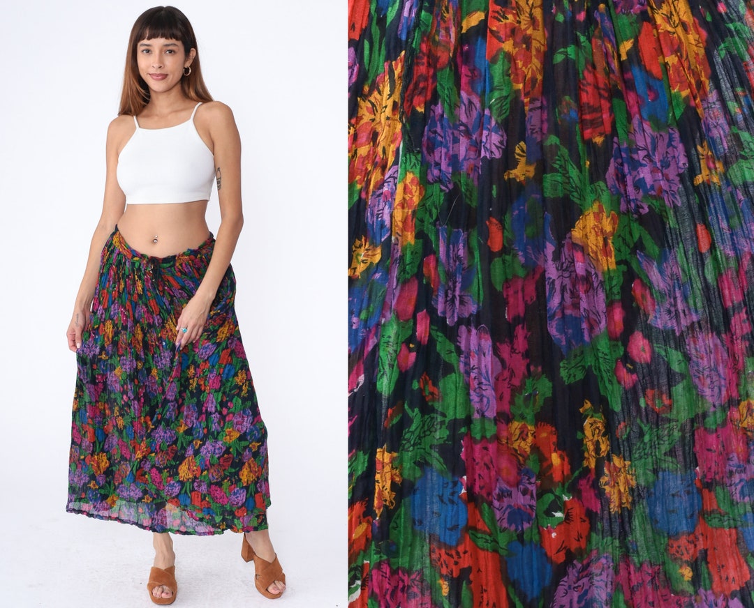 Floral Broomstick Skirt Y2k Crinkle Maxi Skirt Long Hippie Etsy