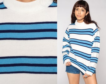 Blue Striped Sweater Knit Sweater 80s Pullover Sweater Crewneck Retro Nerd Slouch Jumper Vintage White Large