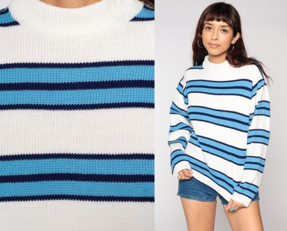 Blue Striped Sweater Knit Sweater 80s Pullover Sweater Crewneck