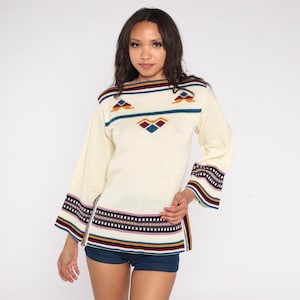 Bohemian Bell Sleeve Sweater 70s Vintage Hippie Style Geometric Ethnic Pattern Southwestern Boho Chic Psychedelic Colors Tribal Medium M