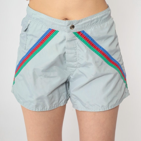 Vintage Swim Trunks 80s Grey Bathing Suit Shorts Striped Board Shorts Red Blue Green Swimsuit Swim Shorts Retro 1980s Men's 33 Medium M
